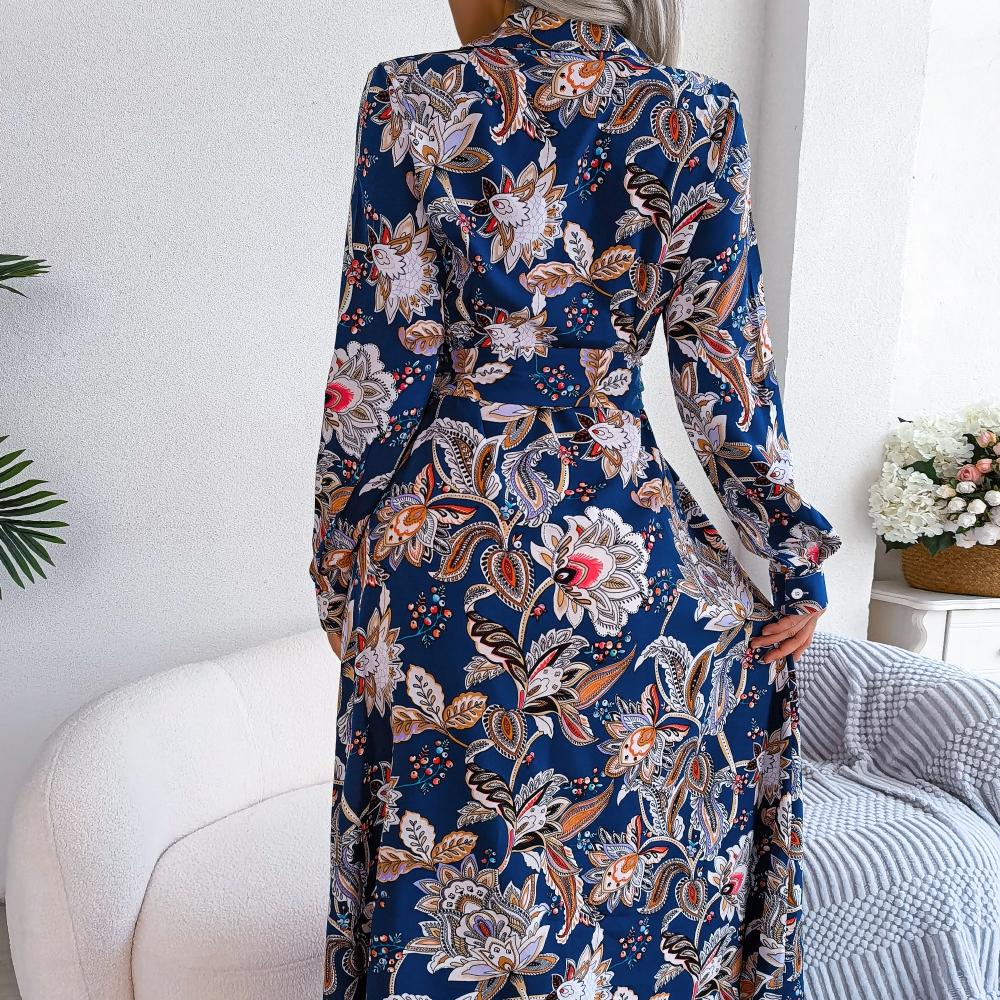 GMXIA Dámská móda Léto Jaro Vintage Šněrovací košile-sukně Dlouhé šaty Květinový potisk Dlouhý rukáv Klopa Ležérní šaty