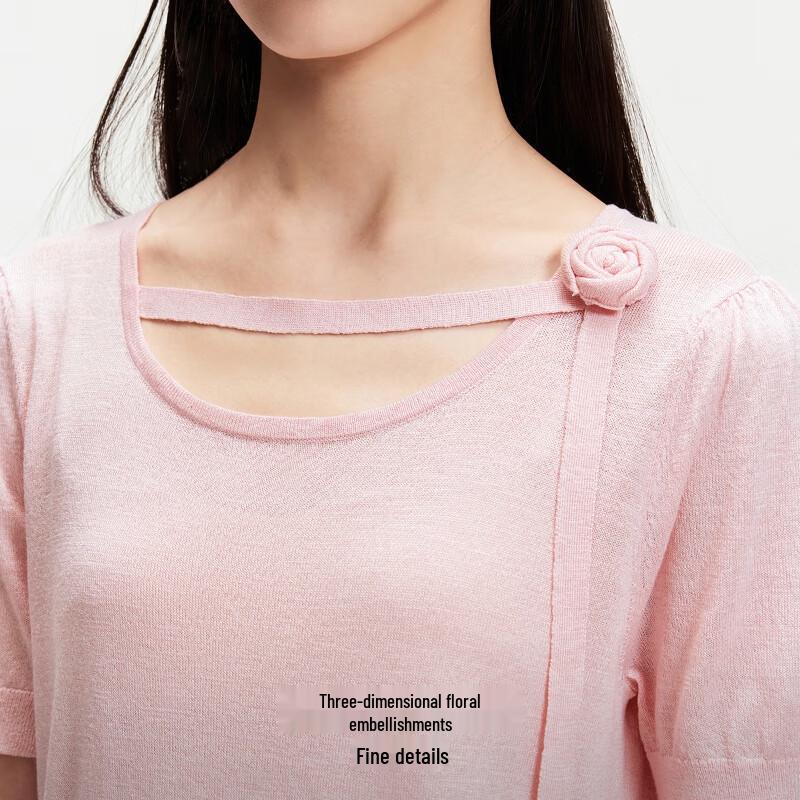 Veromoda Puff Sleeve Knit Top with 3D Rose Detail