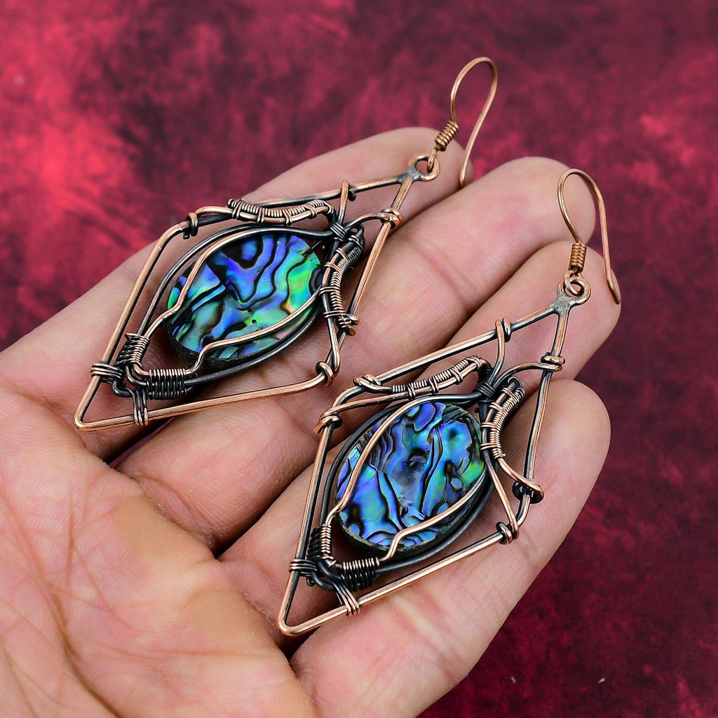 Abalone Shell Earring Copper Wire Wrapped Handmade Earring Copper Jewelry Stylish Earrings Wire Wrapped Gemstone Jewelry Anniversary Gifts