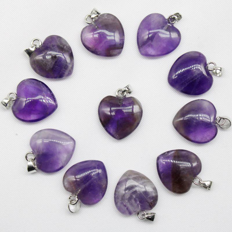 16MM Heart-Shaped Natural Stone Pendant: Amethyst Rose Quartz Green Aventurine Tiger Eye