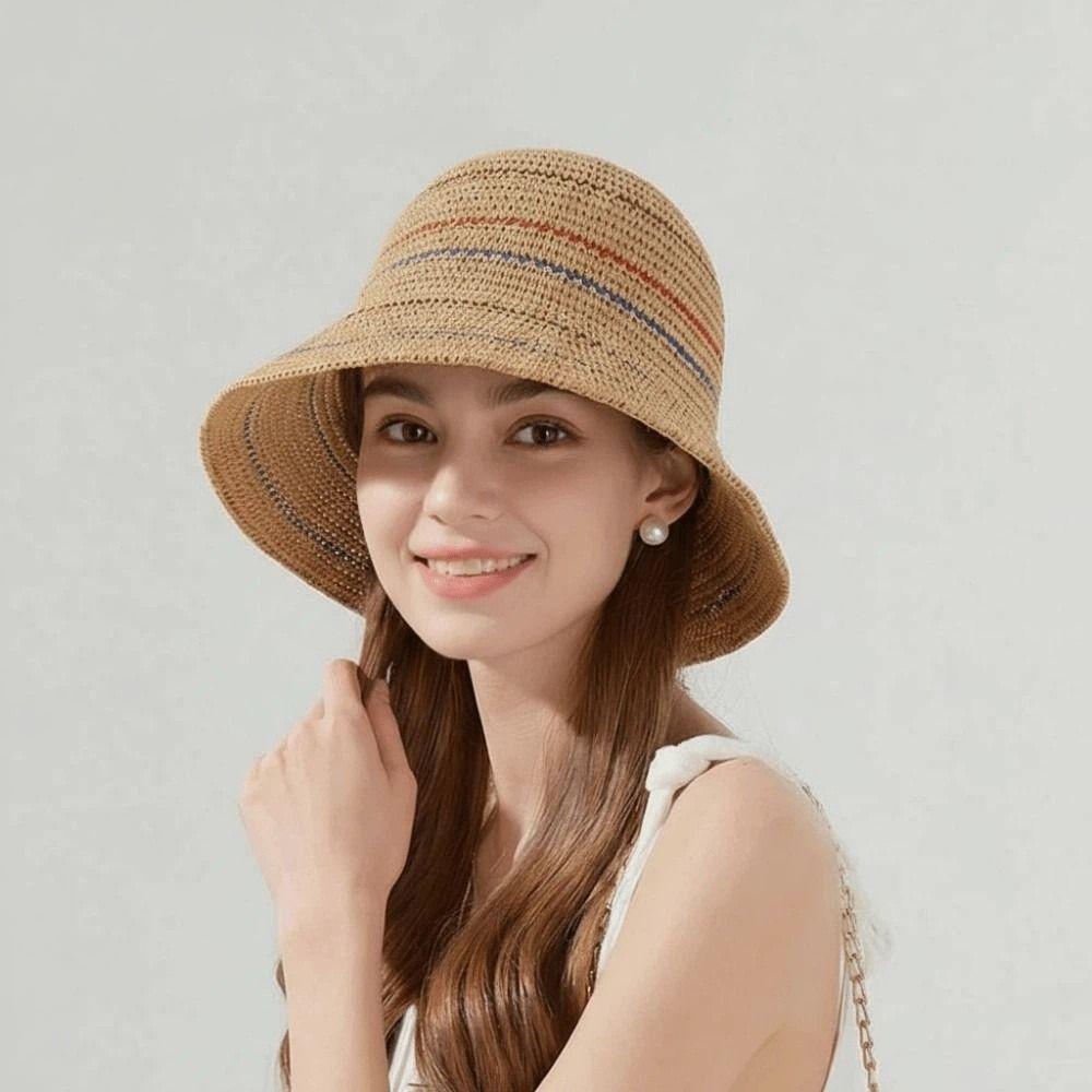 Hollow Out Knitted Bucket Hat Temperament Sun Protection Cap Colorful Striped Fisherman Hat Spring