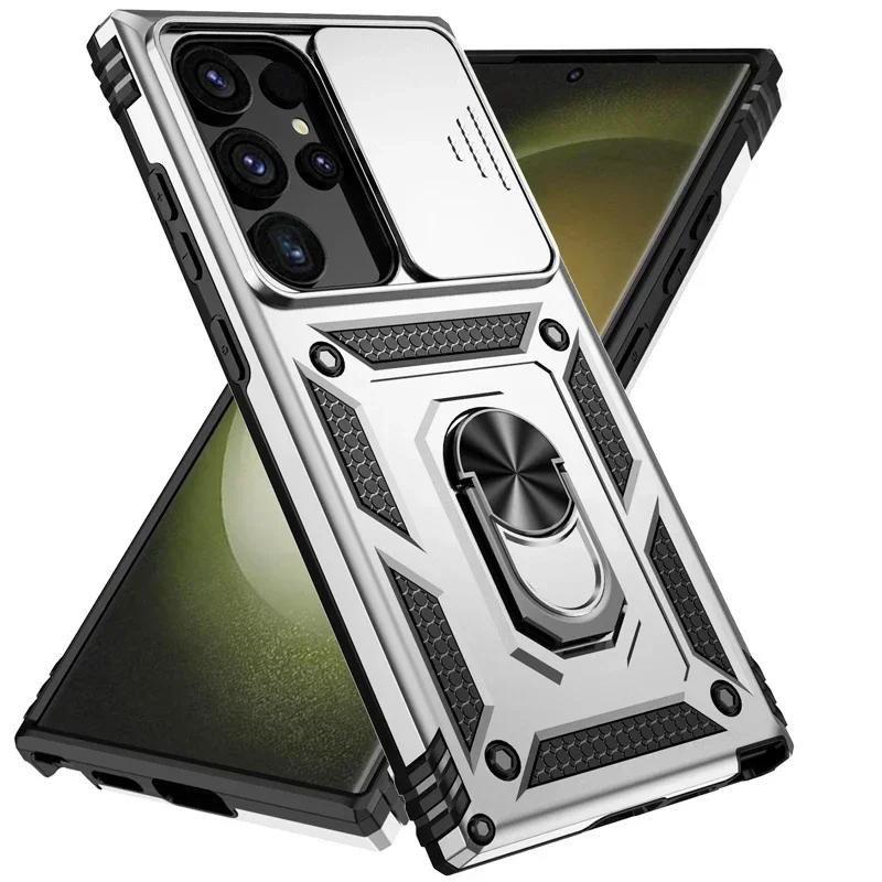 Slide Camera Lens Military Grade Armor Case For Samsung Galaxy S25 Ultra Plus S24FE A16 A06 A26 A36 A56 Holder Ring Stand Cover