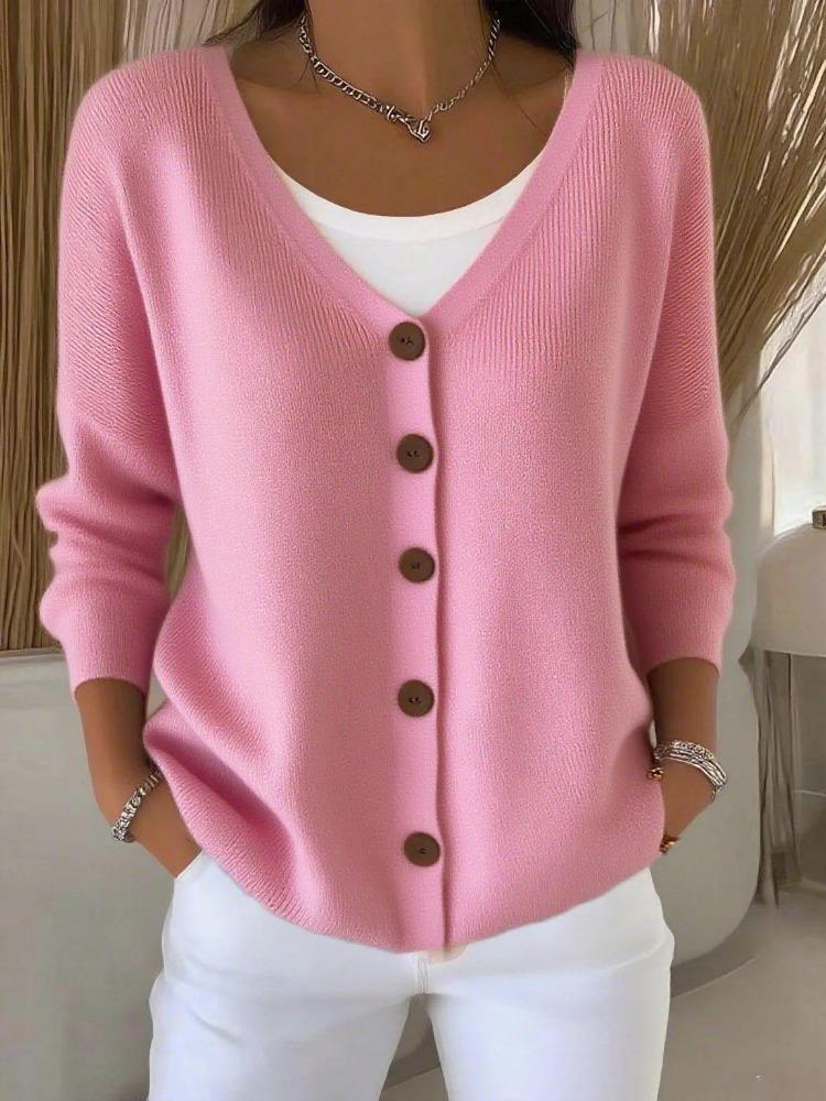 Loose Casual Knitted Cardigan Women Solid Color Button Sweater S розовый