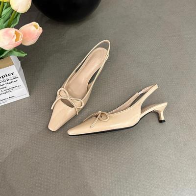 Spring And Summer Square Head Bag Head Single Shoes Women'S Shoes Gentle Fairy Style Bow Thin Heel Medium Heel Light Mouth Sandals