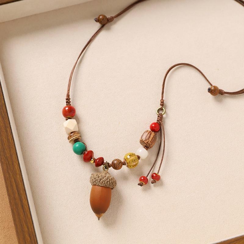 Colier original design plantă fruct ghindă împletită lanț lung literar pentru pulover accesorii pentru femei