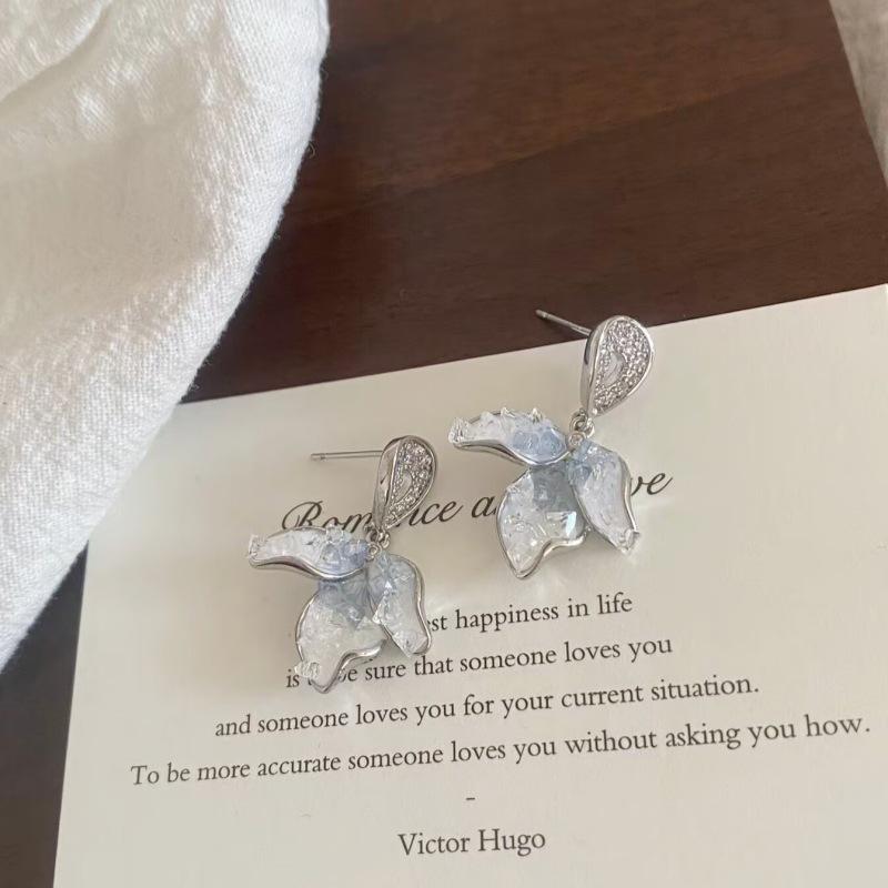 French Blue Crystal Petal Earrings - Light, Elegant, and Versatile Design