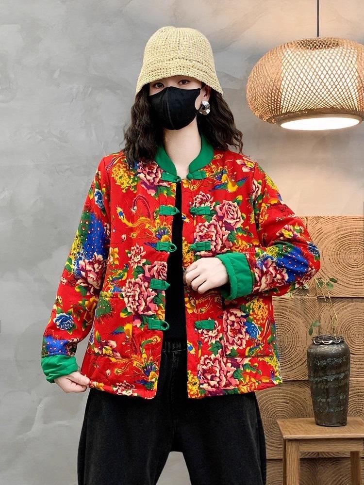 Northeast Floral Cotton Jacket: Women's Ethnic Winter Outerwear with Velvet Lining & Chinese Frog Buttons.