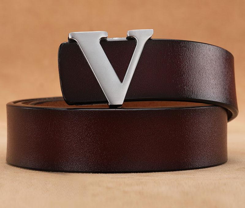 Men's Retro Smooth Buckle Belt - Large Size Genuine Leather Cowhide with Letter V Design