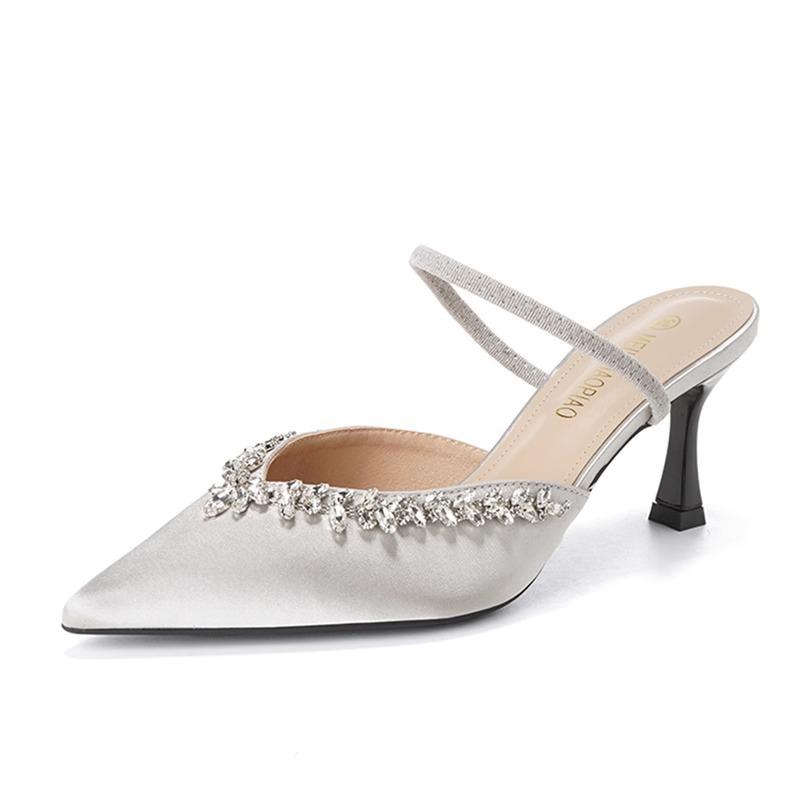 Baotou sandals high heels women's slippers spring and summer 2025 new pointed thin heel rhinestone single shoes summer wear