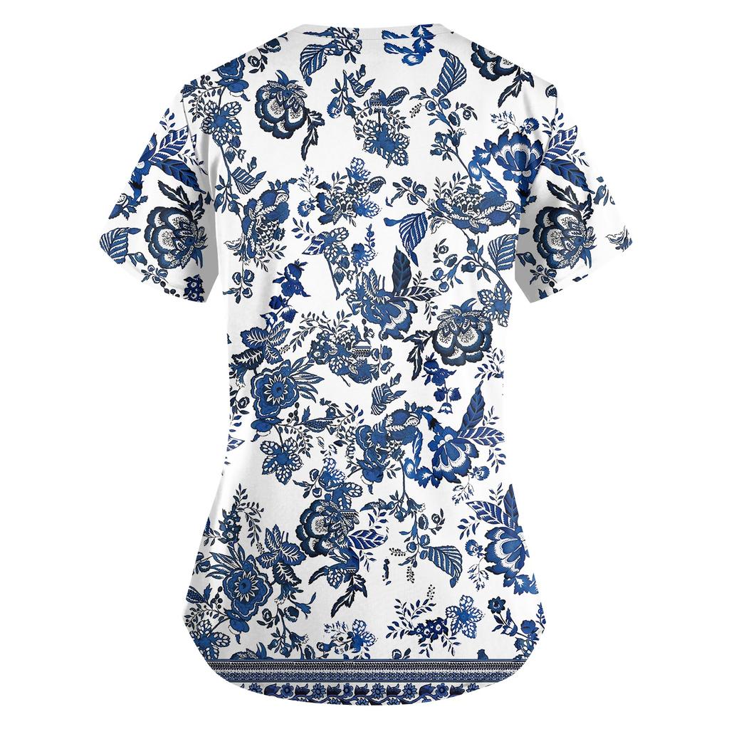 Nadměrná velikost Potištěný pracovní oděv Halenky pro dámský překřížený výstřih do V Potisk Krátký rukáv Zábavná trička Pracovní oděv Tričko s kapsami