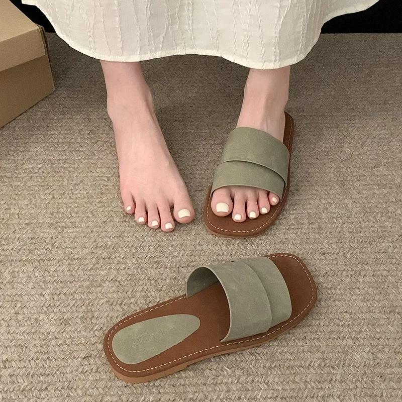 Summer Flat Slippers for Women Color Blocking Flip Flops Flats 2025 New Indoor Homewear Slides Women Square Toe Sandal Shoes