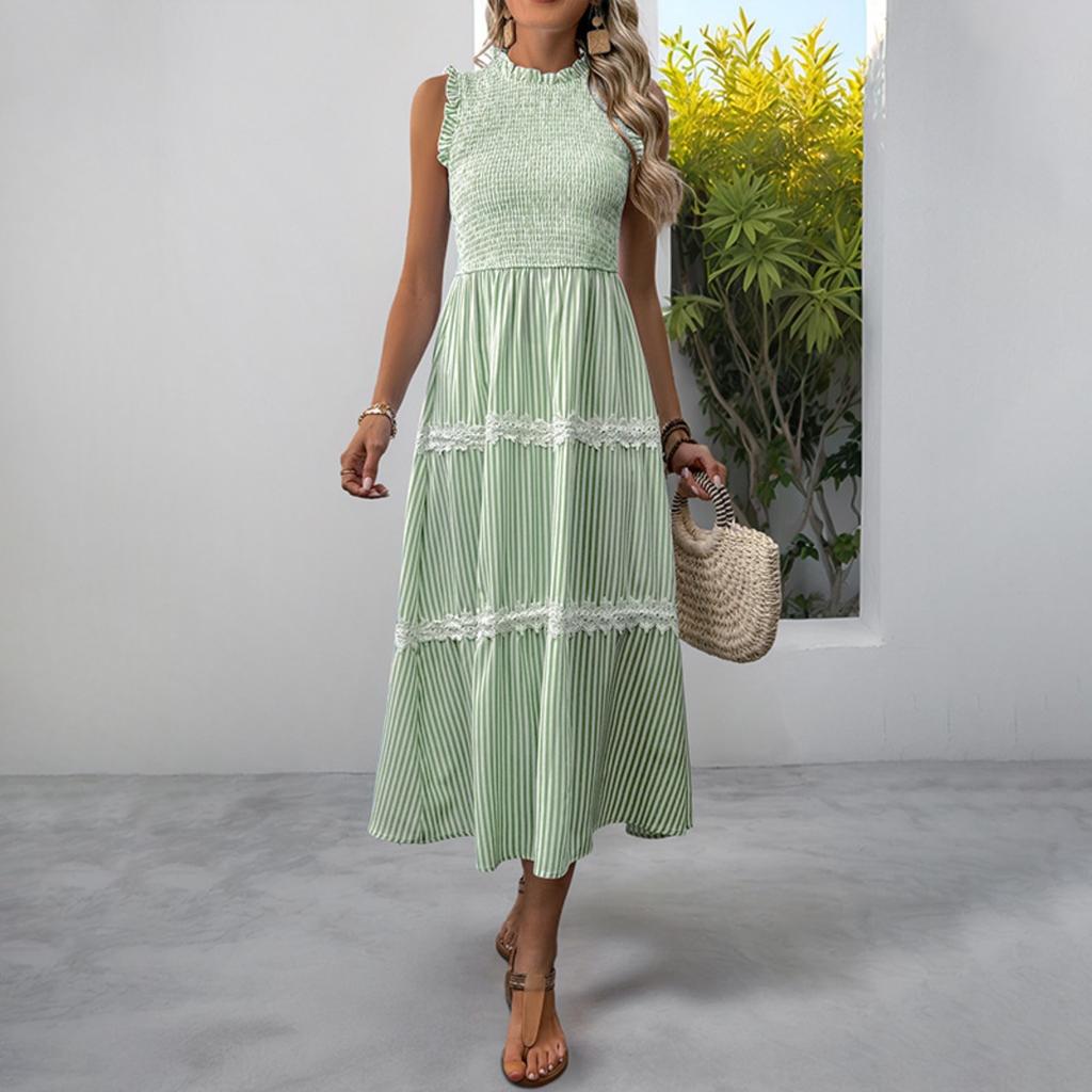 New Sweet Casual Lace Ruffled Trim Sleeveless Striped Summer Dress