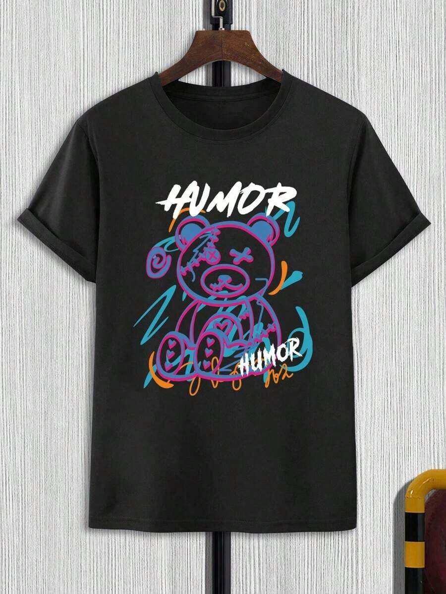 Unisexs Bear and Letter Print Short Sleeve TShirt S
