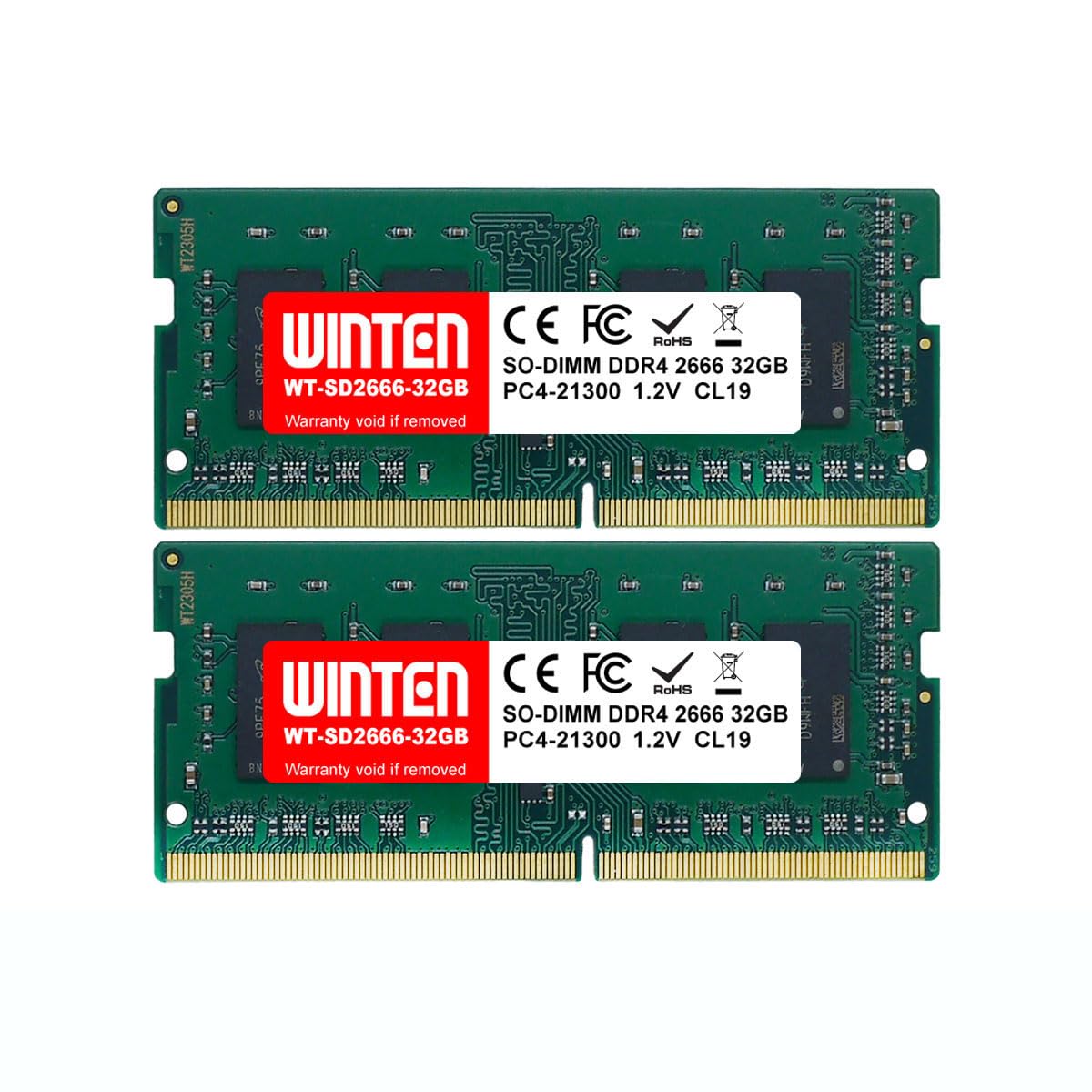 

WINTEN Internal 64GB x CL19 SODIMM for Warranty and Compatibility WT-SD2666-D64GB DDR4-2666 Memory, (2 32GB), 260-Pin 1.2V SDRAM, Laptops. 5-Year