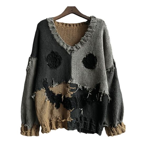 Dámský pulovr s grafickým potiskem s výstřihem do V, ležérní pletená mikina s dlouhým rukávem, nadměrná, s trhlinami, vintage, podzimní topy