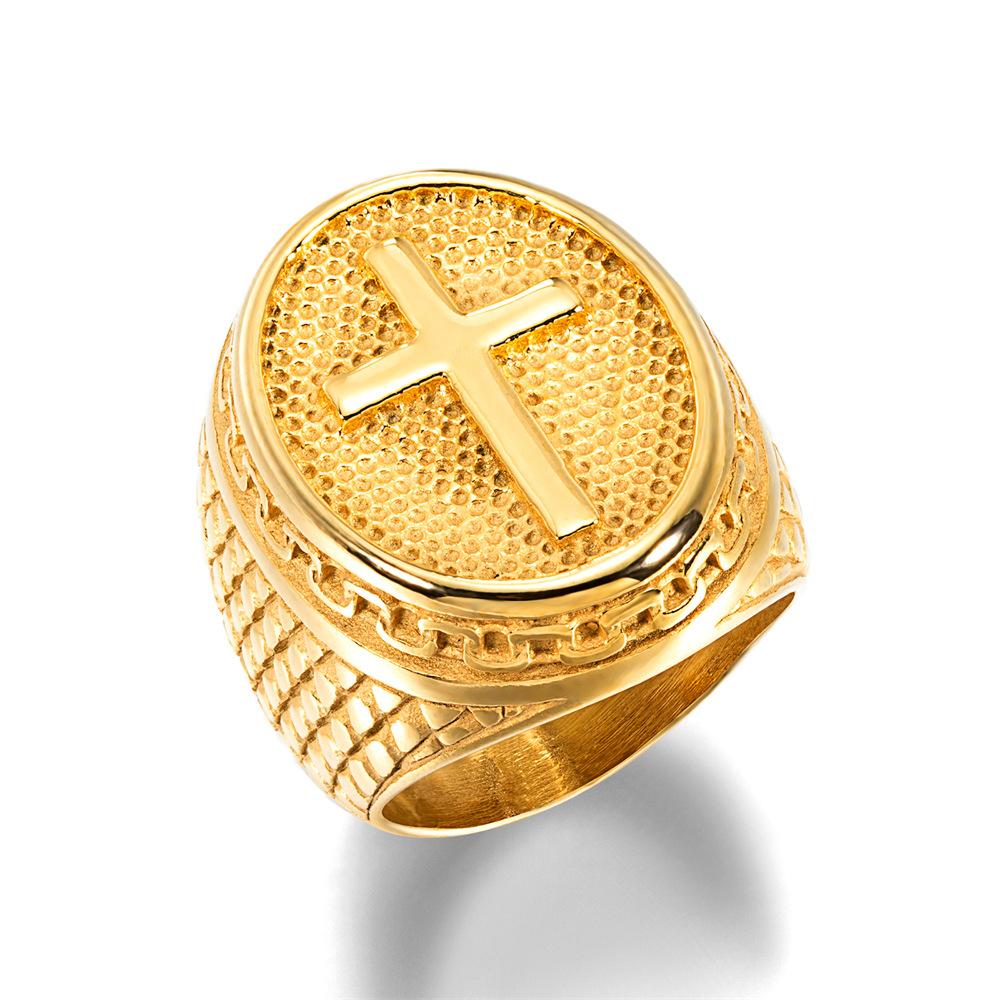 European, American Gold Titanium Steel Cross Ring Men, Men s Personality Stainless Steel Retro Ring Does Not Fade 8