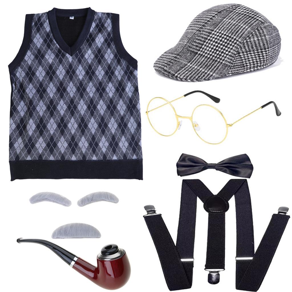 Grandfather Set Halloween Old Man Costume Set Grandpa Hat  Glasses Eyebrows Moustache for 100th Day of School