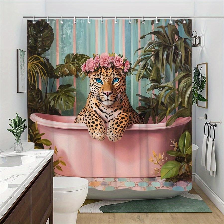 1pc Whimsical Leopard In Pink Bathtub Shower Curtain with Floral Crown & Green Plants, Surreal Home Bathroom Decor