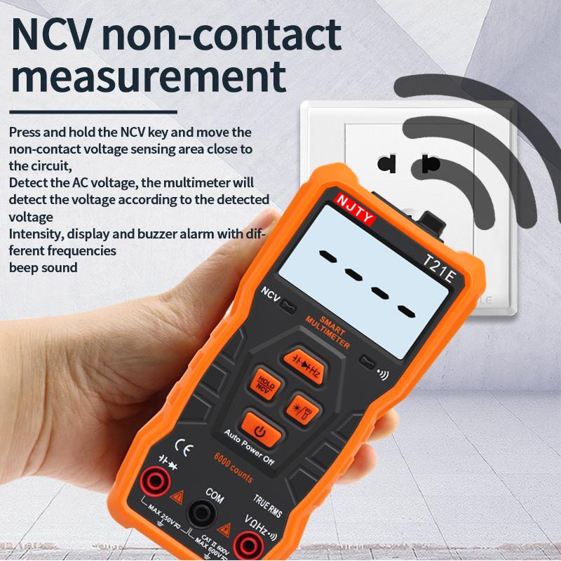 

NJTY Digital Multimeter T21A T21B T21C T21D T21E 6000 Counts AC/DC A V Auto Range T-RMS NCV Handheld Multimetro Voltmeter Tester