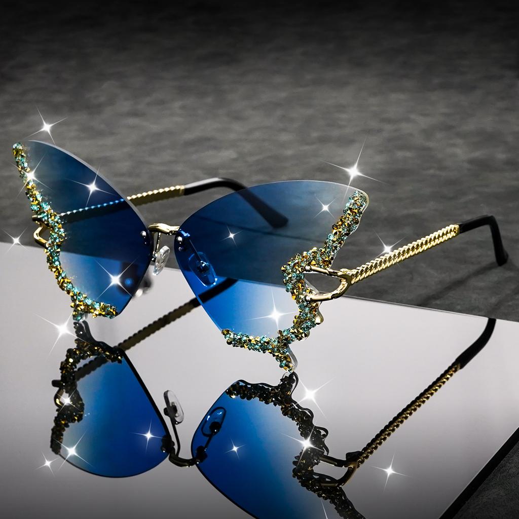Butterfly Rimless Stylish Sunglasses for Women Men Bling Rhinestone Gradient Tint Decorative Eyeglasses for Costume Party