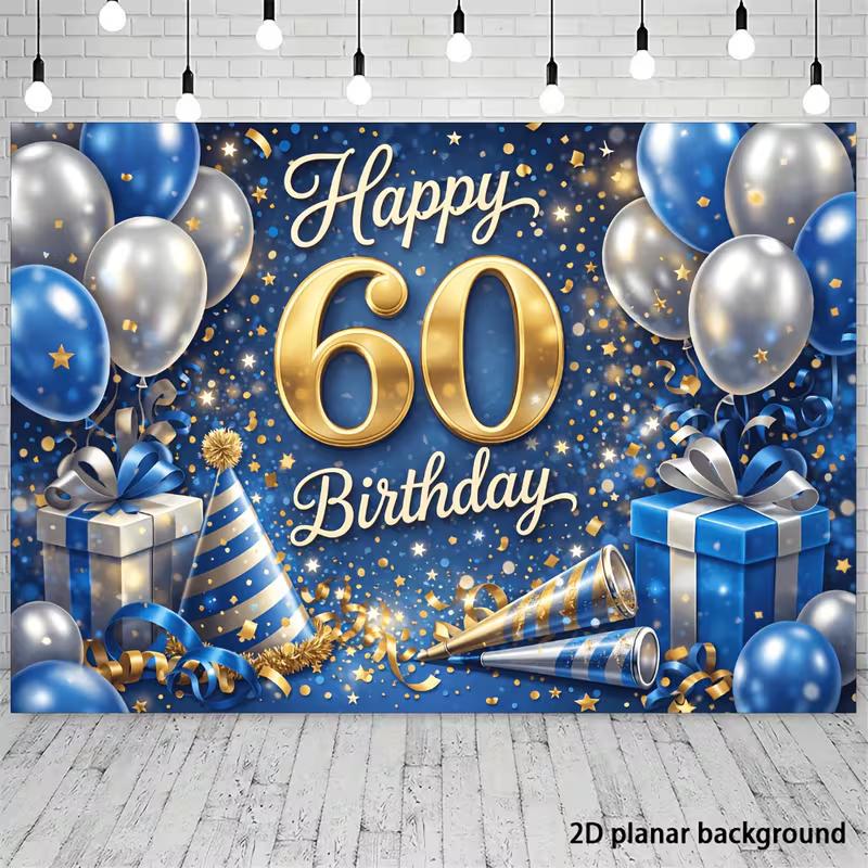 2D Blue Gold 60th Birthday Backdrop Happy 60th Birthday Photography Background