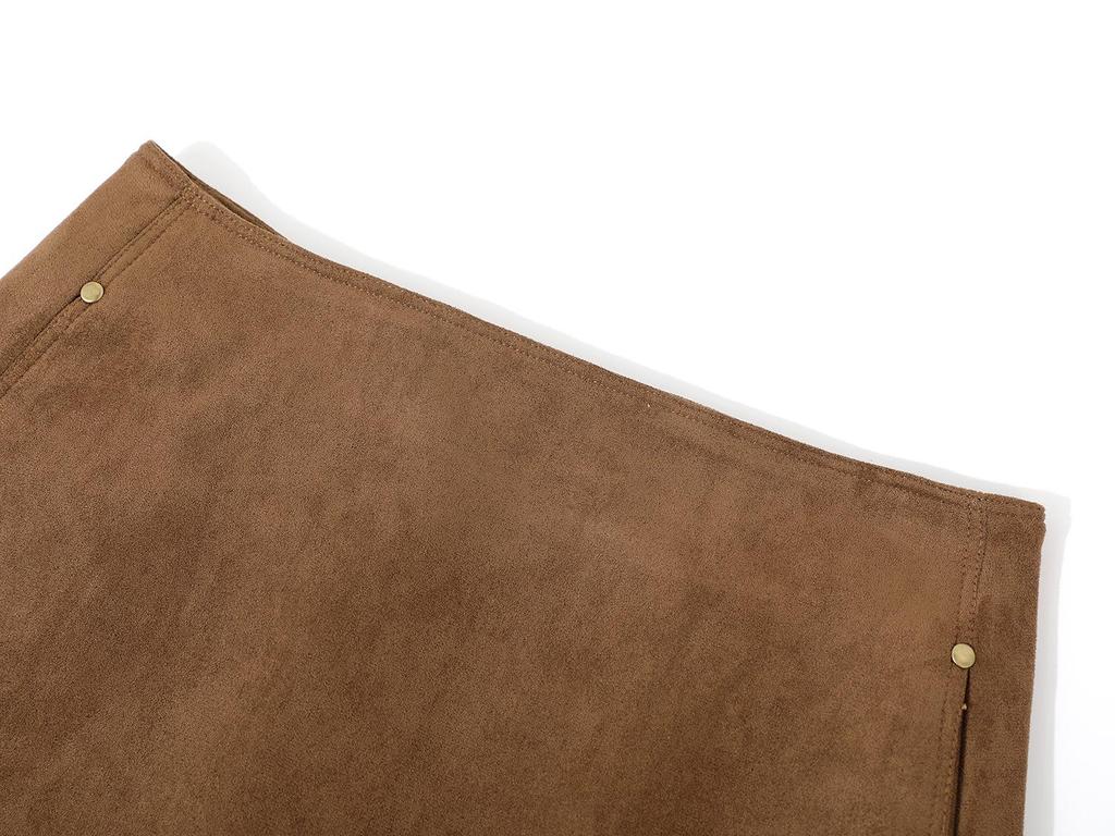 Melard Women's Brown Suede Petite A-line Skirt, Plus Size, Spring & Autumn Hip-Hugging Short Skirt