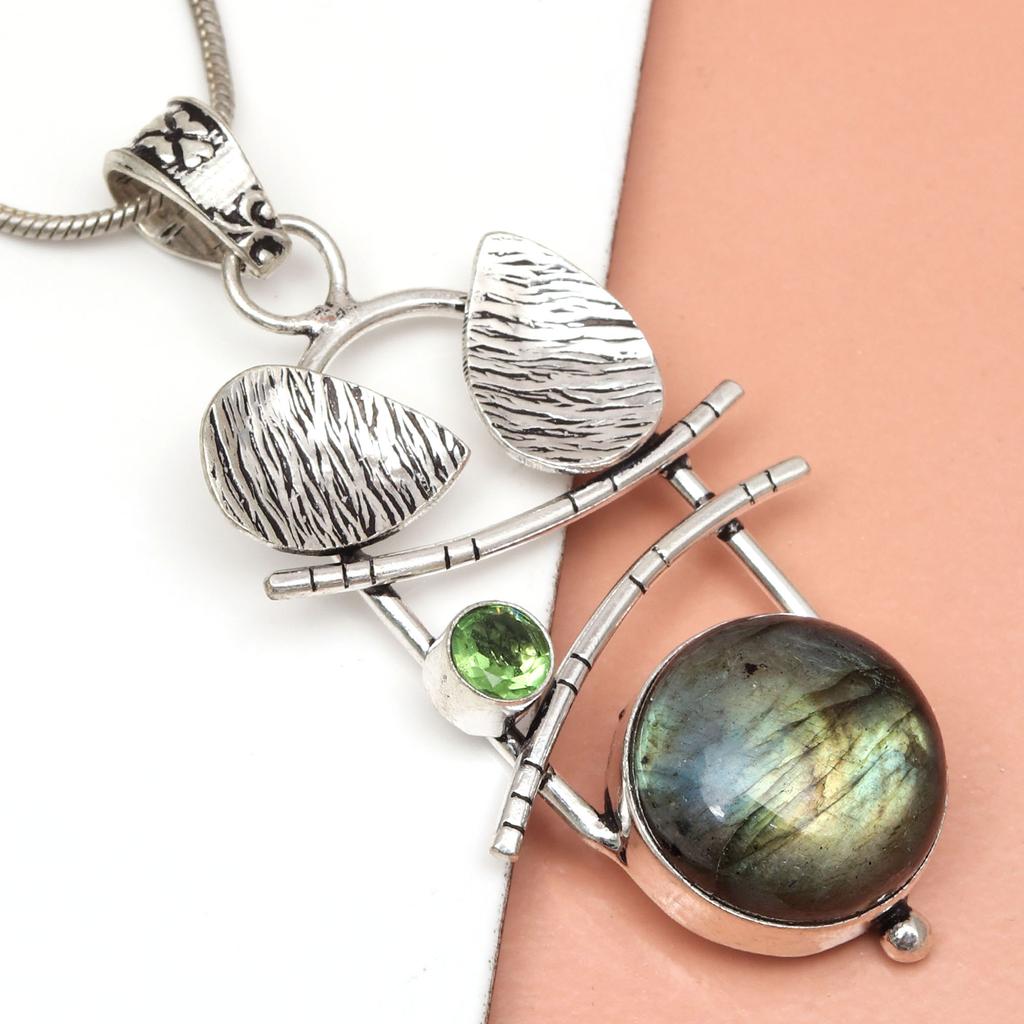 Pendant Silver  Peridot Labradorite Gemstone Jewelry Sterling 2.5" Fiery