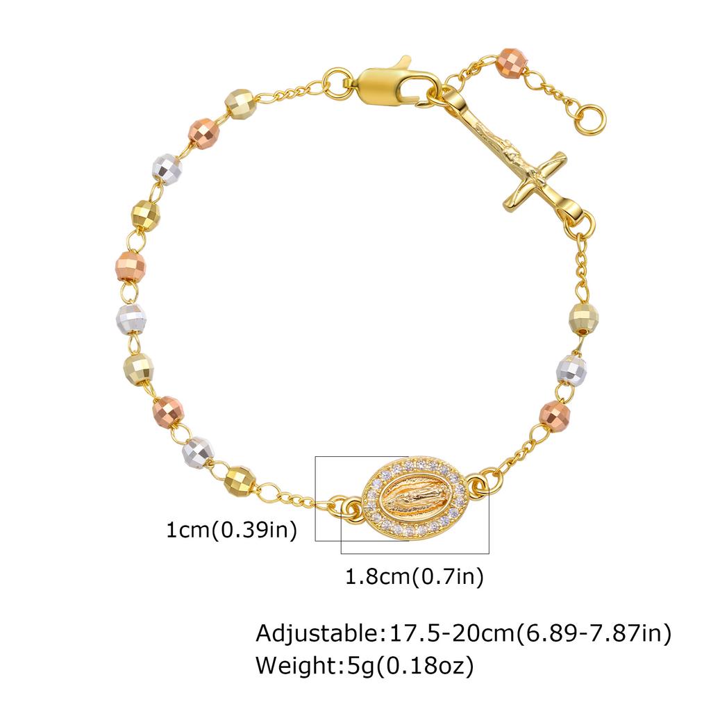 Tri-color Beads Rosary Virgin Mary Jesus Cross Charm Bracelet for Women, Metal Beaded Chain Religious Pray Jewelry