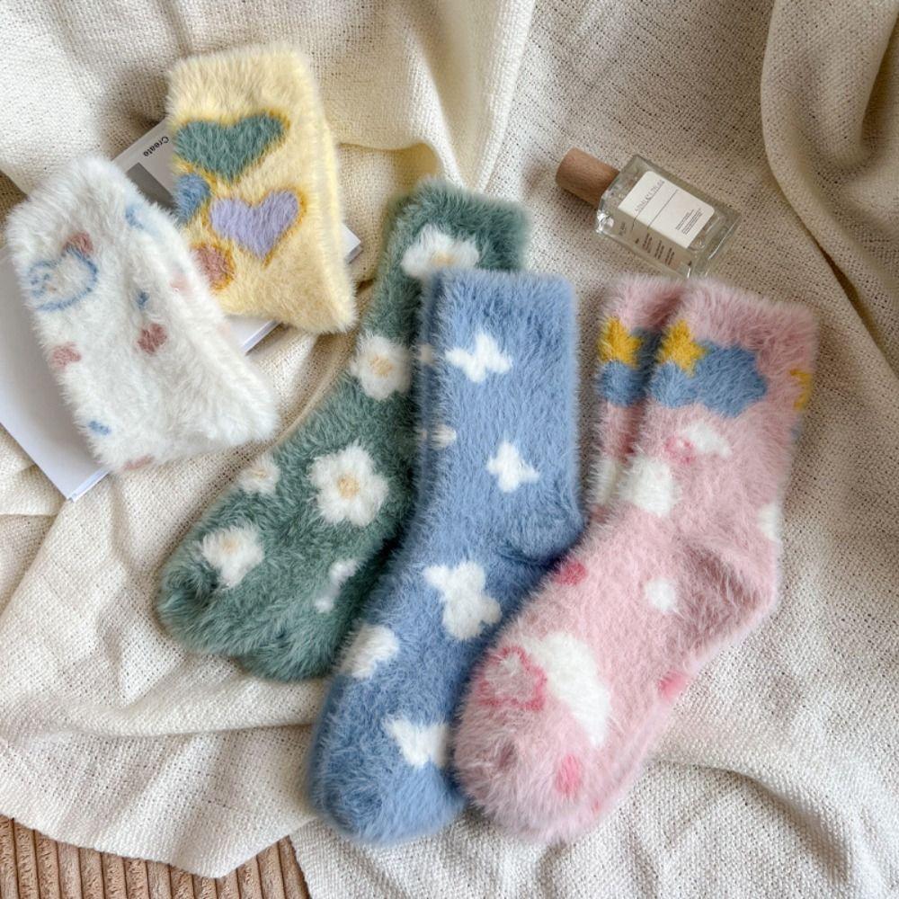 5Pairs Sweet Plush Socks Soft Thicken Warm Socks Ins Mink Fur Socks  Women