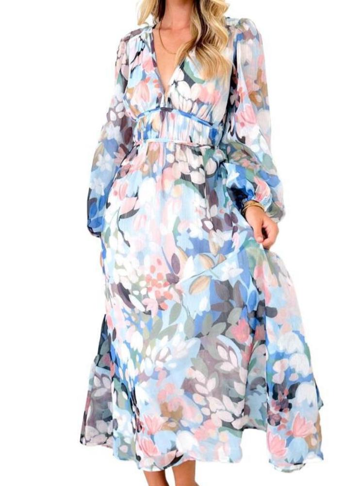 

Floral Print V-Neck Long Sleeve Dress with Elastic Waist, Flowy Skirt XL