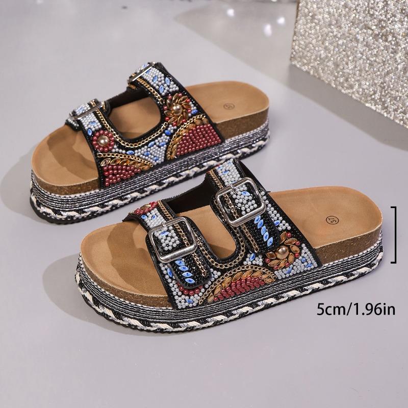 Women's Plus Size Summer Platform Chunky Sole Color Block Rhinestone Double Buckle Cork One Strap Slide Sandals