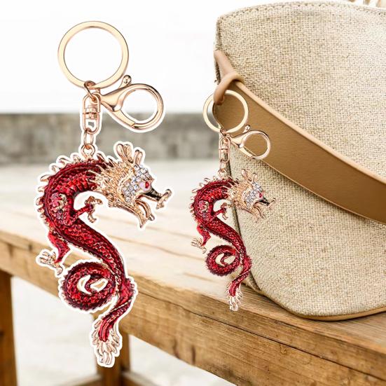 Keychain Sparkling Rhinestones Inlaid Dragon Design Keychain Pendant Enamel Oil Drip Process Polished Edges Spring Buckle Key Holder Backpacks