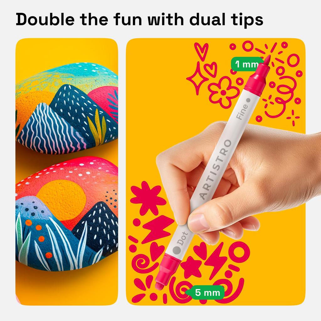 ARTISTRO 60 Colors Acrylic Paint Dual Tip Acrylic Markers Fine Tip 5mm Dot for Kids and Adults Pens, (1mm + Tip) Fabric, Canvas, Rock, Glass, Wood,