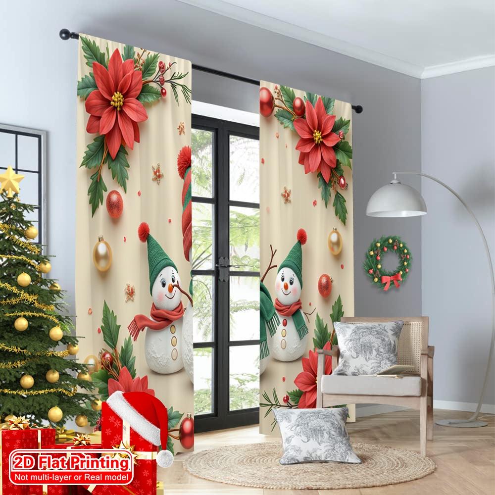 2pcs 2D Flat Printing Merry Christmas Popular Window Drapes Christmas Snowman Family Festive Celebration 100% Polyester Without