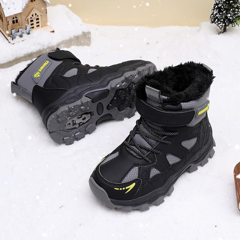 Kids Winter Snow Boots Boys Thick Insulated Warm Mid-Calf Anti-Slip TPR Sole Synthetic Leather Outdoor Footwear