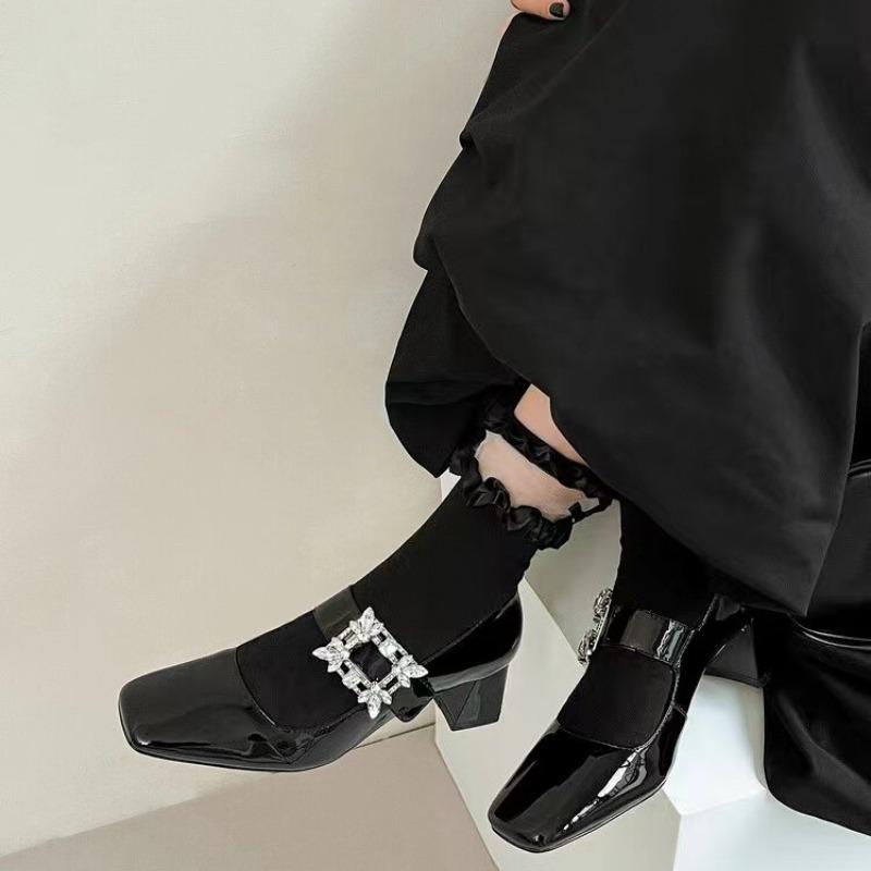 Mode Schuhe Flacher Dicker Absatz Damen High Heels Damen Quadratische Zehenpartie Mary Jane Retro Leder Mode Vielseitig