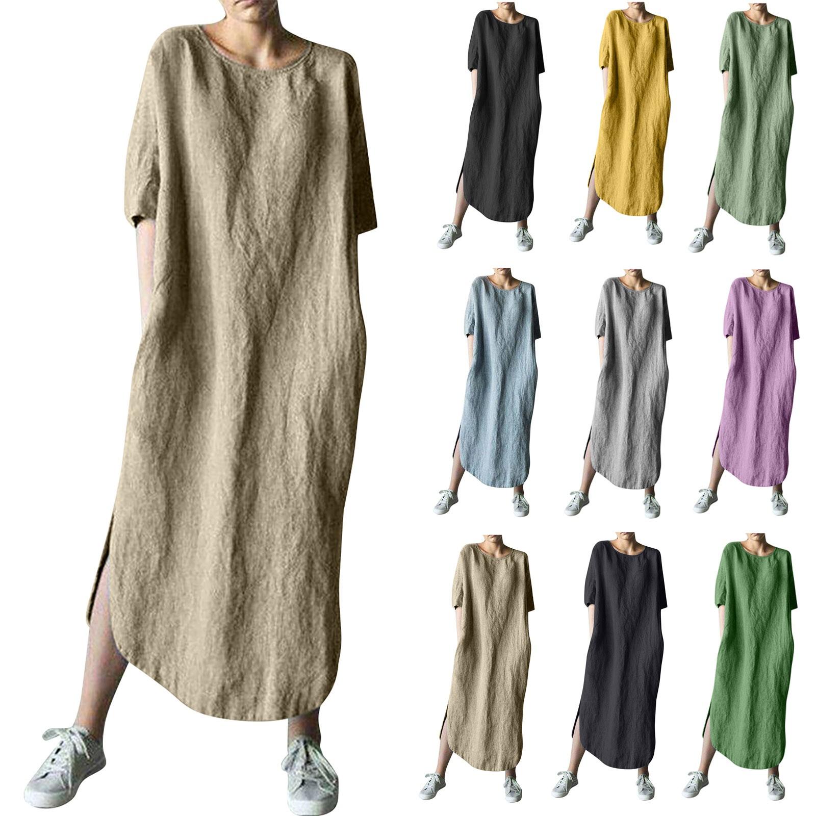 

Модные женские цветные хлопковые льняные повседневные свободные платья с разрезом