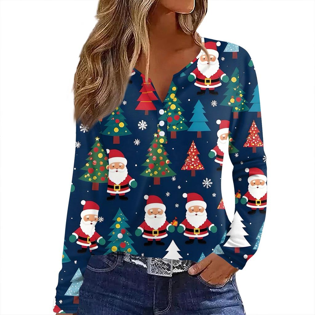Maglietta da Donna T-Shirt Stampa Natalizia Bottoni Manica Lunga Quotidiano Weekend Moda Basic Scollo a V Regolare Top