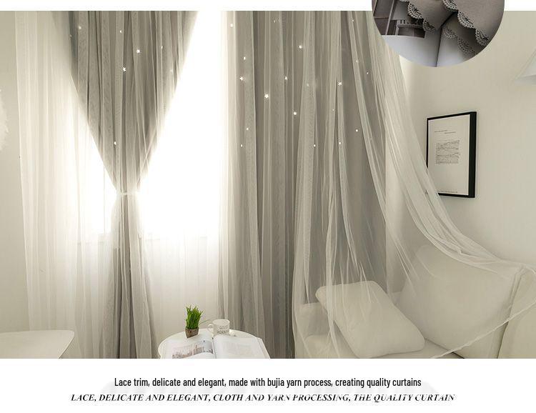Double Layer Blackout Curtains, Girly Cream Style, Fabric and Gauze, for Bedroom and Dormitory, Sun Protection and Heat Insulation