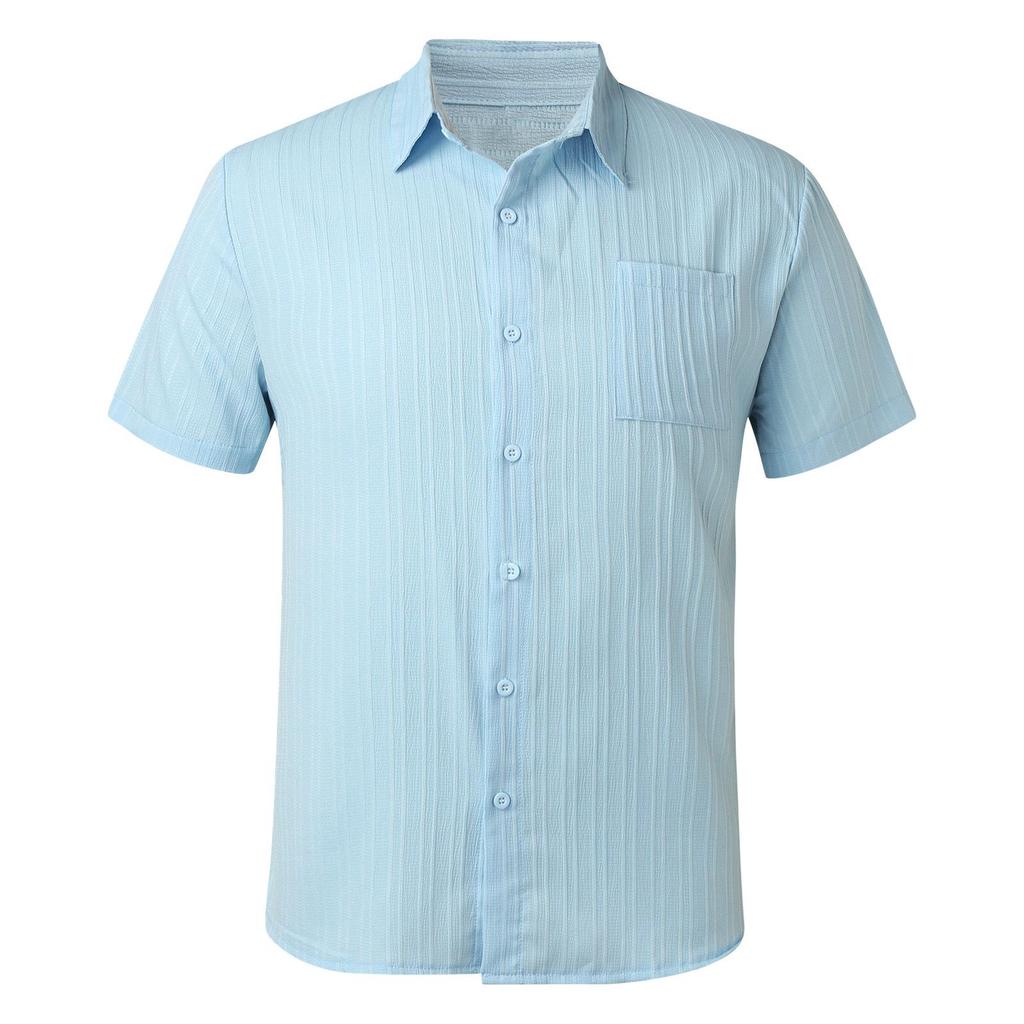 Summer New Men's Textured Solid Color Shirt Man Short Sleeved Casual Loose Shirt