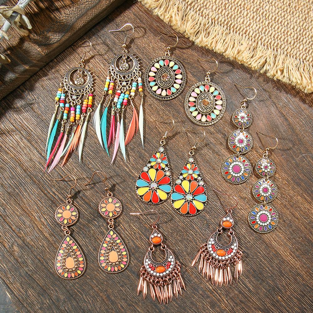 Women Vintage Colorful Dangle Earrings Set Boho Statement Tassel Ornaments Chic Holiday Gifts Party Decors Daily Wear Versatile