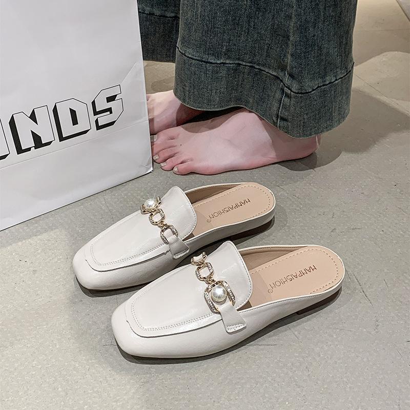 Baotou Half Slippers Women's Summer Wear Spring 2025 New Lazy Muller Square Head Flat Single Shoes Half Tray Shoes