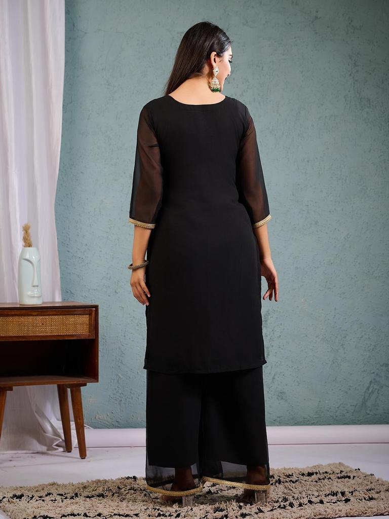 Women Black Embroidered Kurta Palazzo Set with Dupatta Ethnic Party Wear Indian Suit