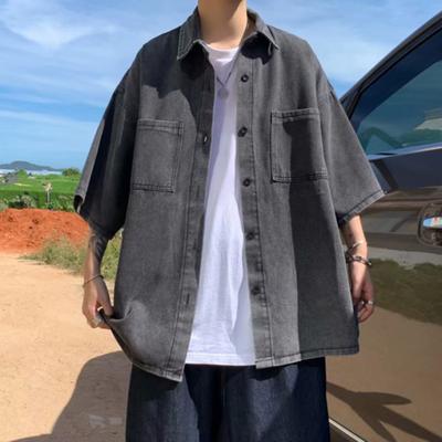 Men Denim Button-down Shirt Short Sleeve Lapel Shirt with Chest Pockets Loose Fit Casual Shirt for Summer Daily Wear Vacation Street