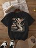 Women'S Casual Koi and Cherry Blossom Pattern T-Shirt   Black Short Sleeve Round Neck Top, Glossy Fa
