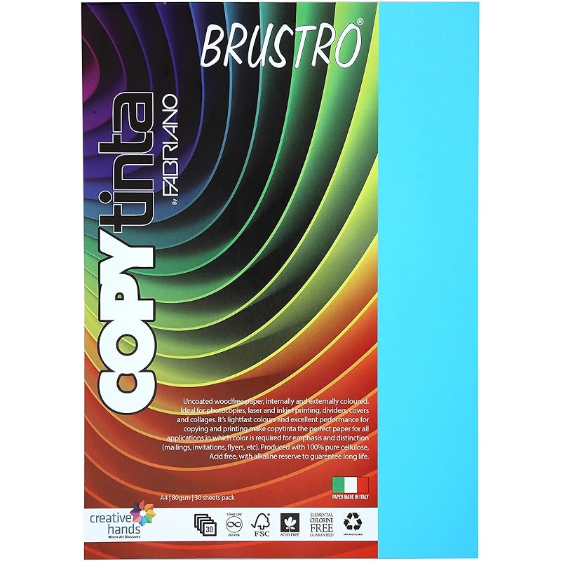 

BRUSTRO Copytinta Coloured Craft Paper A4 Size 80 GSM Sky Blue Shade (CELESTE), 30 Sheets Pack. Double Side Coloured for 4