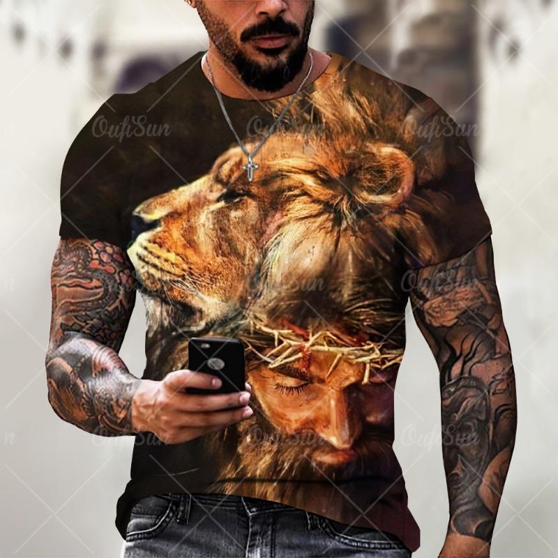 Christ Jesus T-Shirts for Men 3D Lion Printed T-Shirt Summer Clothes Short Sleeve Streetwear Vintage