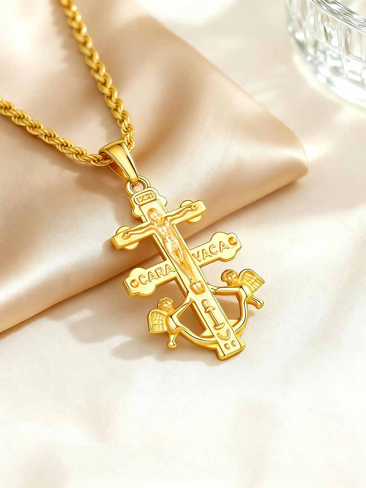 Naszyjnik z Krzyżem Caravaca Święty Podwójny Krzyż Anioł Wisiorek Religijny Katolicki Chrześcijański Biżuteria Amulet Ochronny Prezent dla Kobiet