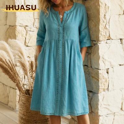 Fashion Summer Spring Solid Color Print V-Neck 3/4 Sleeves Casual Dresses