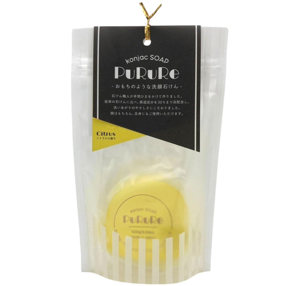 PuRuRe Konjac Facial Citrus for Dry and Sensitive Skin Facial Potassium Hyaluronic Full Made in Japan Soap, 100g, Solid, Flavor, [Mochi-like Soap],